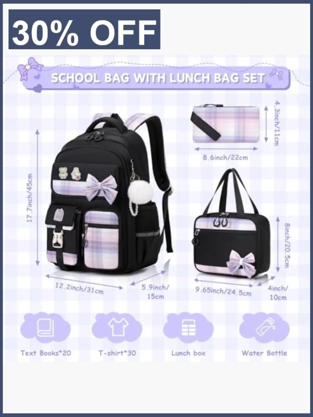 Girls Plaid Backpack Set with Lunch Bag and Pen Case, School Bookbag for Middle